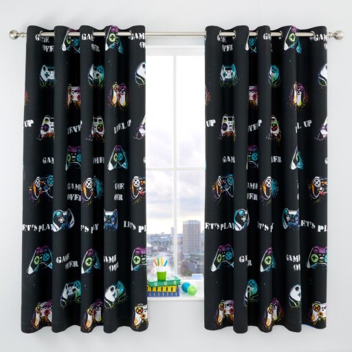 Draperii pentru copii negre/albastre 2 buc. 168x183 cm Game Over – Catherine Lansfield