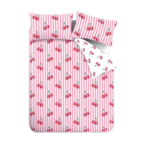 Lenjerie de pat albă-roz pentru pat dublu 200x200 cm Disco Cherries Stripes – Catherine Lansfield