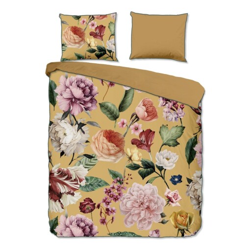 Lenjerie de pat galben ocru din bumbac satinat pentru pat dublu, extinsă 240x220 cm Fiori – Descanso