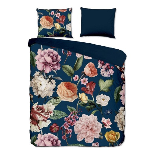 Lenjerie de pat albastru-închis din bumbac satinat pentru pat de o persoană, extinsă 140x220 cm Fiori – Descanso