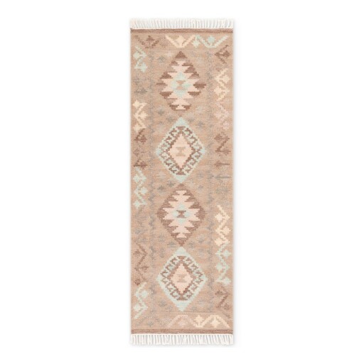 Covor tip traversă albastru deschis-bej reversibil, țesut manual din lână 60x190 cm Kamal Dune – Nouristan
