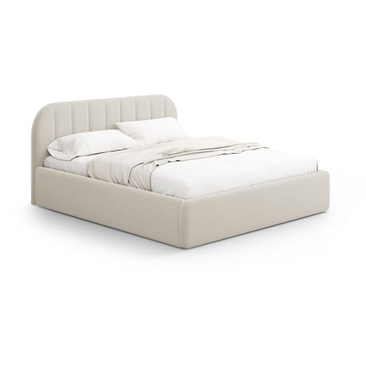 Pat matrimonial bej tapițat cu spațiu de depozitare cu somieră 140x200 cm Juno – Windsor & Co Sofas
