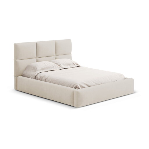 Pat matrimonial bej tapițat cu spațiu de depozitare cu somieră 200x200 cm Libera – Windsor & Co Sofas