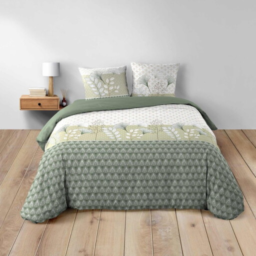 Lenjerie de pat albă/verde din bumbac pentru pat dublu/extinsă 240x220 cm Poetine – douceur d'intérieur