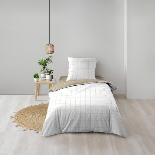 Lenjerie de pat albă/bej din bumbac pentru pat de o persoană 140x200 cm Cadria – douceur d'intérieur