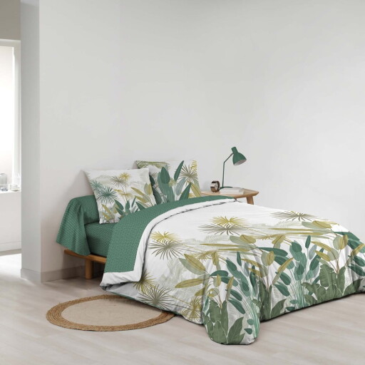 Lenjerie de pat albă/verde din bumbac pentru pat dublu/extinsă cu cearceaf inclus/cu 6 piese 240x220 cm Otika – douceur d'intérieur