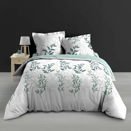 Lenjerie de pat albă/verde din bumbac percal pentru pat dublu/extinsă 240x220 cm Wendy – douceur d'intérieur