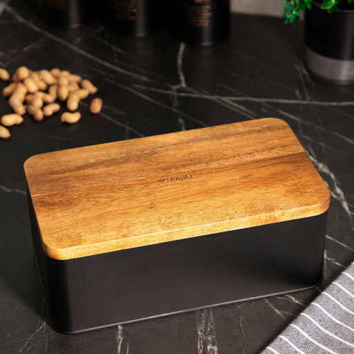 Cutie pentru paine Lomas, Homla, 33x18x13 cm, inox/lemn, negru/natur