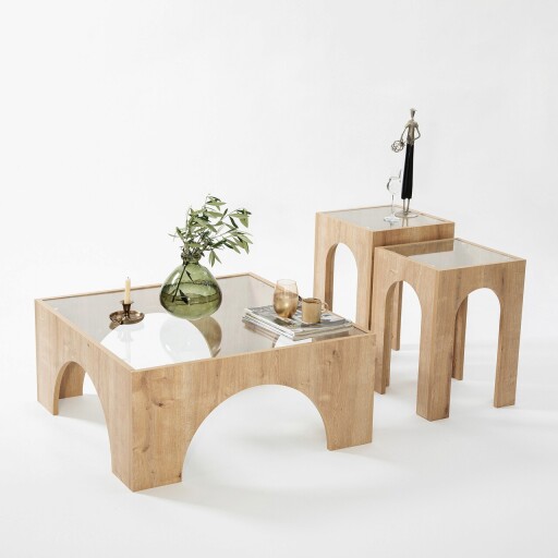 Masuta de cafea, Neostill, Seine, 80x35x80 cm, Sticla temperata, Stejar / Transparent