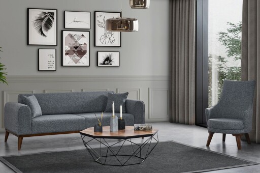 Canapea extensibila 3 locuri, Artie, 560ARE2907, Lemn de fag / PAL, Gri deschis