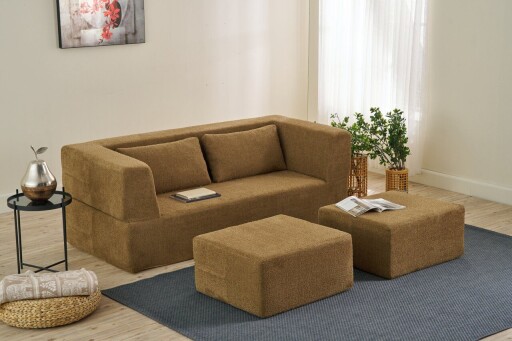 Canapea extensibila 2 locuri, Balcab Home, 825BLC5405, Tesatura Chenille, Maro