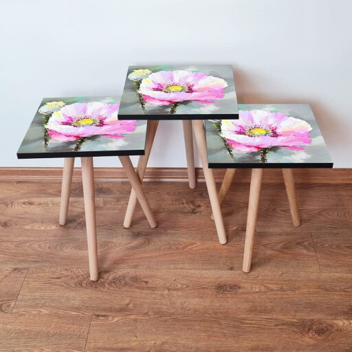 Set masute 3 piese, Hanah Home, 3Shp299, Alb / Roz / Gri / Galben