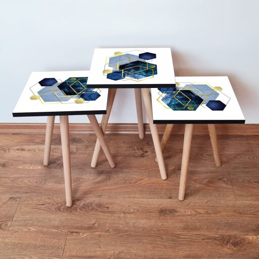 Set masute 3 piese, Hanah Home, 3Shp327, Alb / Bleumarin / Albastru / Auriu