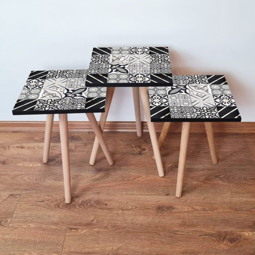 Set masute 3 piese, Hanah Home, 3Shp384, Negru / Alb / Auriu