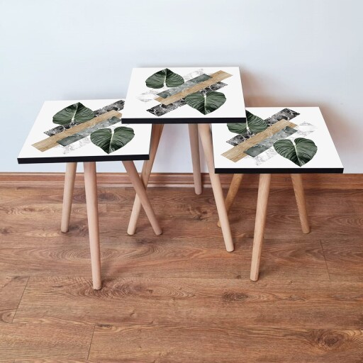 Set masute 3 piese, Hanah Home, 3Shp385, Alb / Verde / Bej / Negru