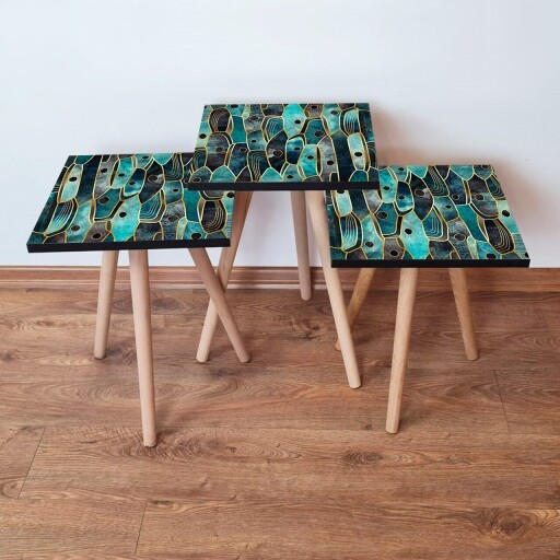 Set masute 3 piese, Hanah Home, 3Shp387, Albastru / Verde / Auriu / Negru