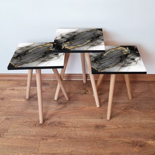 Set masute 3 piese, Hanah Home, 3Shp391, Negru / Alb / Auriu