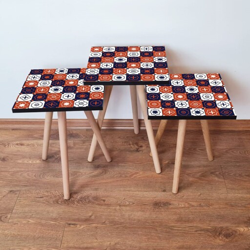 Set masute 3 piese, Hanah Home, 3Shp394, Alb / Bleumarin / Portocaliu