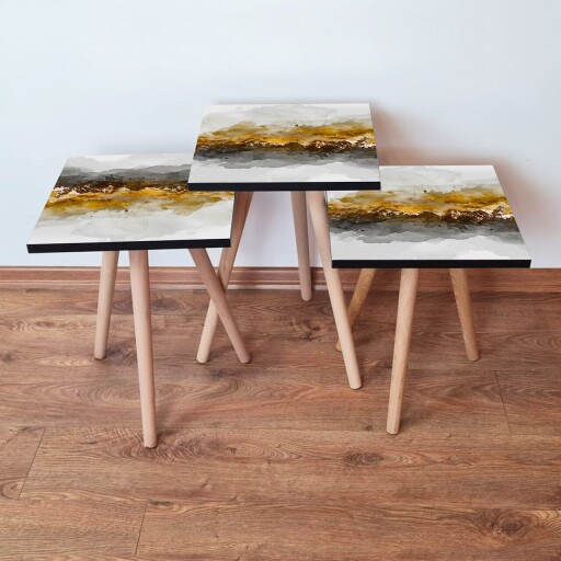 Set masute 3 piese, Hanah Home, 3Shp81, Alb / Negru / Auriu