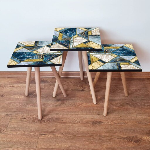 Set masute 3 piese, Hanah Home, 3Shp84, Bleumarin / Albastru / Auriu / Alb