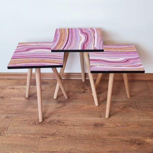 Set masute 3 piese, Hanah Home, 3Shp88, Roz / Alb / Auriu