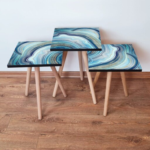 Set masute 3 piese, Hanah Home, 3Shp89, Bleumarin / Albastru / Auriu / Alb