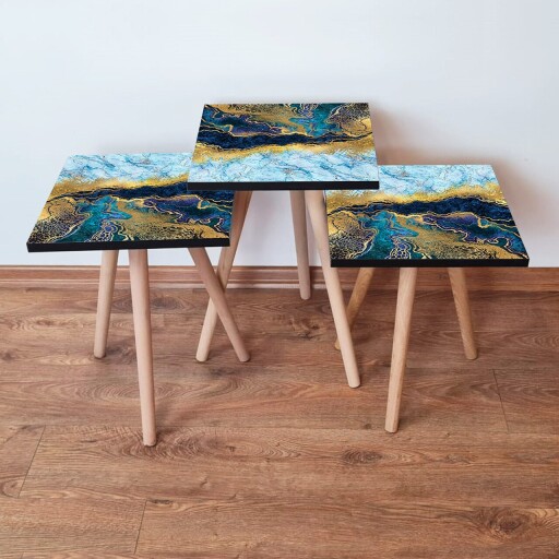 Set masute 3 piese, Hanah Home, 3Shp90, Bleumarin / Albastru / Auriu / Alb