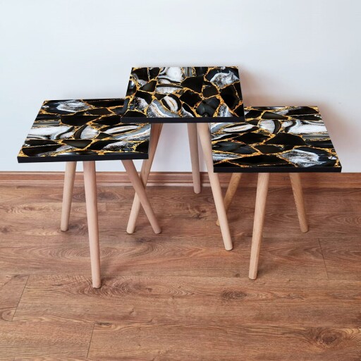 Set masute 3 piese, Hanah Home, 3Shp99, Negru / Auriu / Alb