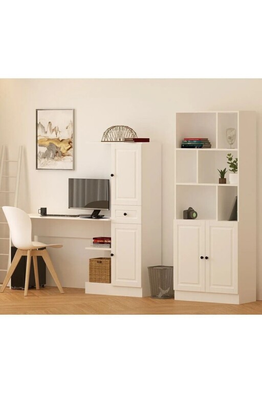 Set birou si biblioteca, Hanah Home, Rb1000401557, Alb mat