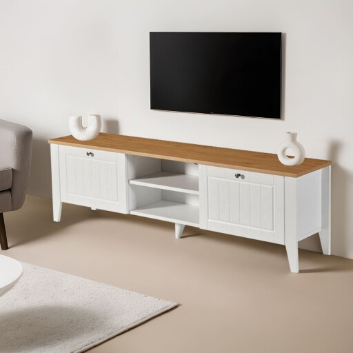 Comoda TV, Hanah Home, Tuval 081, Alb / Stejar