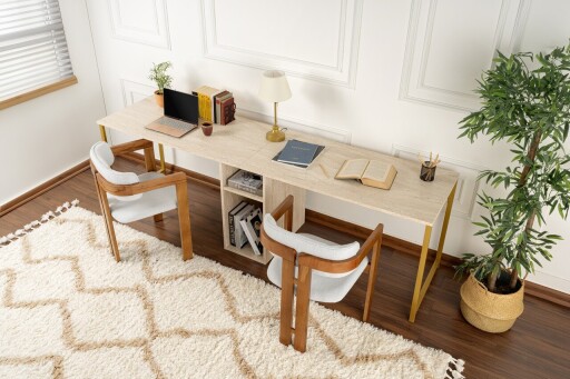 Birou, Hanah Home, Twin Study Desk, Travertin / Auriu