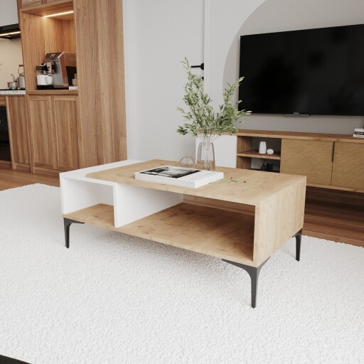 Masuta de cafea, Qualex, Tarz, 90x39x50 cm, PAL, Alb / Stejar