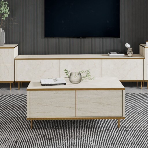 Masuta de cafea, Inarch, Imaj, 90x40x45 cm, PAL, Travertin / Auriu