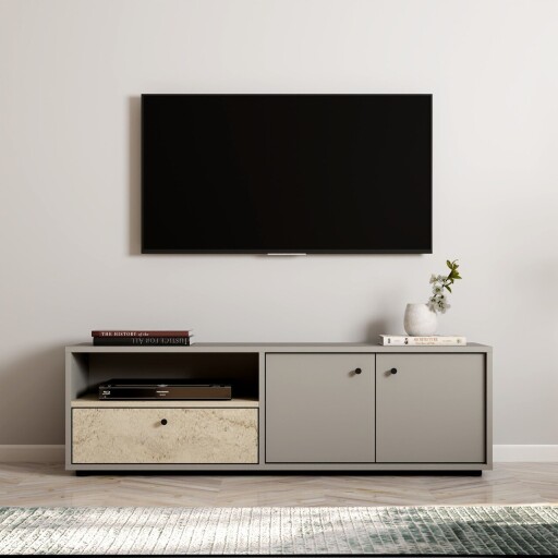 Comoda TV, Inarch, Pao, 136x42x35 cm, PAL, Gri / Travertin