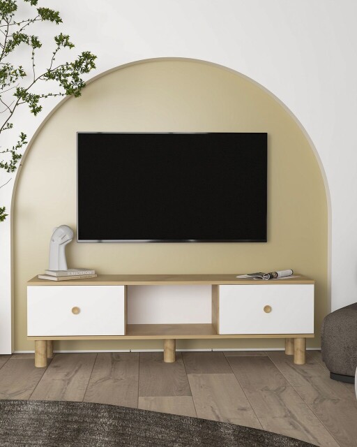 Comoda TV, Olivia, Mono, 150x40 cm, PAL , Stejar Safir / Alb