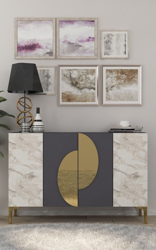 Consola, Chalmette, Afra KM120, 120x75x29 cm, PAL , Antracit / Marmură Efes / Aur