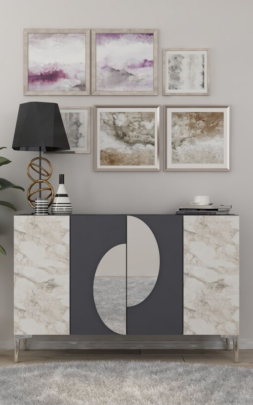 Consola, Chalmette, Afra KM120, 120x75x29 cm, PAL , Antracit / Marmură Efes / Argint