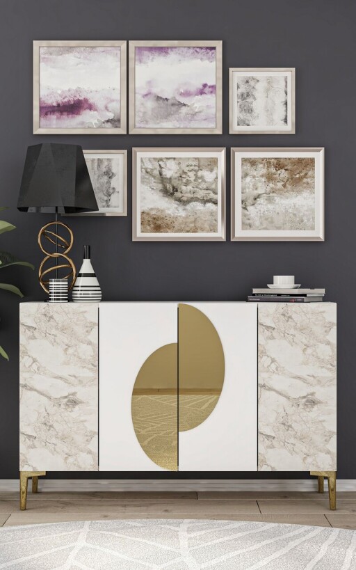 Consola, Chalmette, Afra KM120, 120x75x29 cm, PAL , Alb / Marmură Efes / Auriu