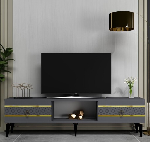 Comoda TV, Olivia, Pelin, 150x44 cm, PAL, Antracit / Aur