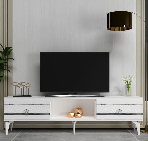 Comoda TV, Olivia, Pelin, 150x44 cm, PAL, Alb / Argintiu