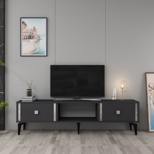 Comoda TV, Olivia, Doruk, 150x44 cm, PAL, Antracit / Argintiu