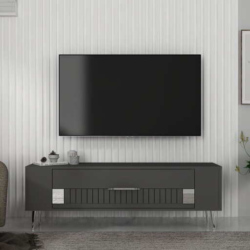 Comoda TV, Olivia, Retrolp4, 120x48 cm, PAL, Antracit / Argintiu