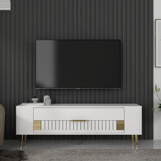 Comoda TV, Olivia, Retrolp4, 120x48 cm, PAL, Alb/Auriu