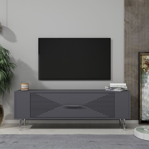 Comoda TV, Olivia, Retrol1, 120x48 cm, PAL, Antracit / Argintiu