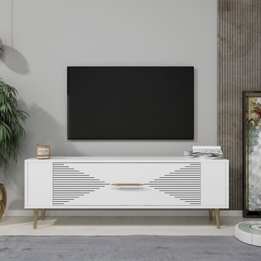 Comoda TV, Olivia, Retrol1, 120x48 cm, PAL, Alb/Auriu