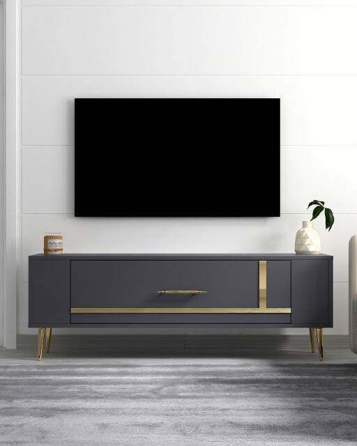 Comoda TV, Olivia, Retrop1, 120x48 cm, PAL, Antracit / Aur
