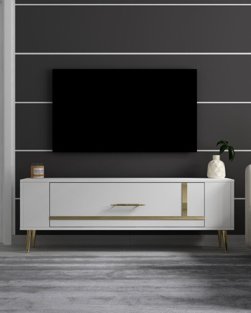 Comoda TV, Olivia, Retrop1, 120x48 cm, PAL, Alb/Auriu