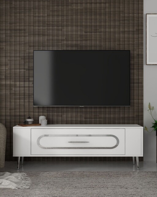 Comoda TV, Olivia, Retrop3, 120x48 cm, PAL, Alb / Argintiu