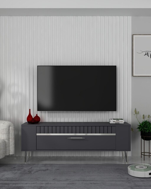 Comoda TV, Olivia, Retrolp1, 120x48 cm, PAL, Antracit / Argintiu