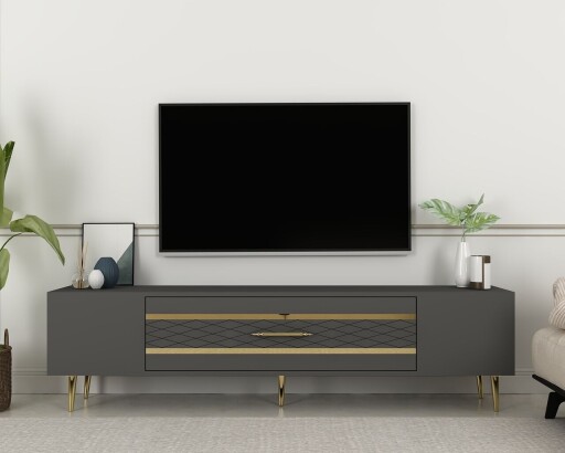Comoda TV, Olivia, Dekolp2, 150x48 cm, PAL, Antracit / Aur